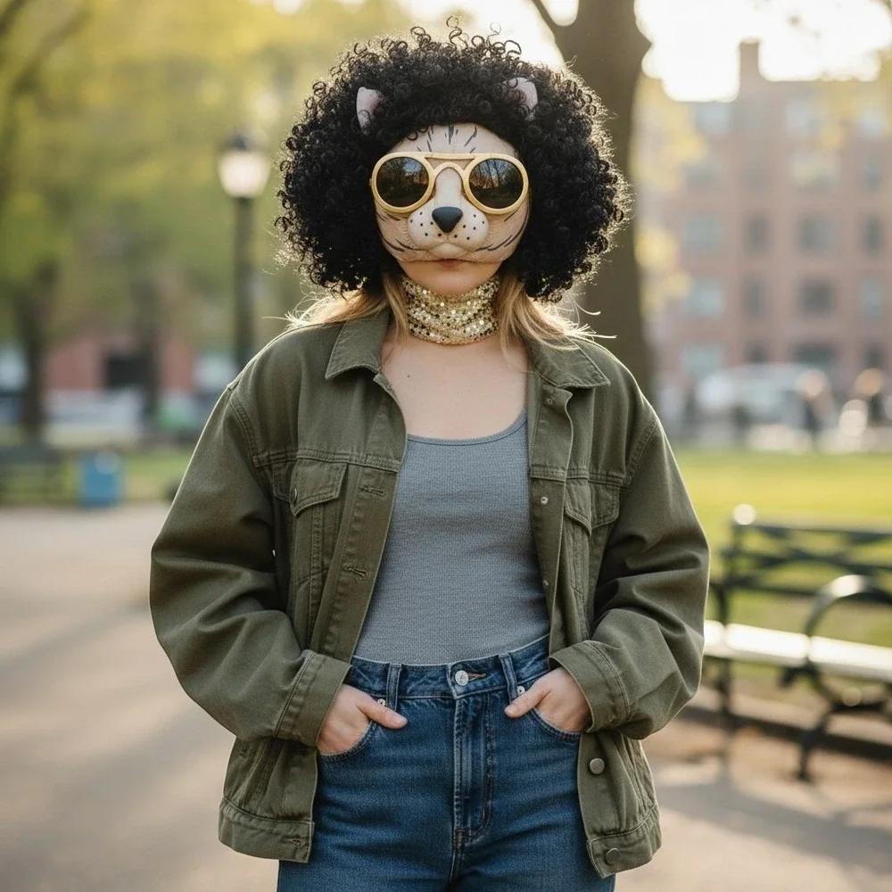 Kool Kitty Disco Cat Head Mask Mascot Head Curly Afro Gold Glasses Halloween